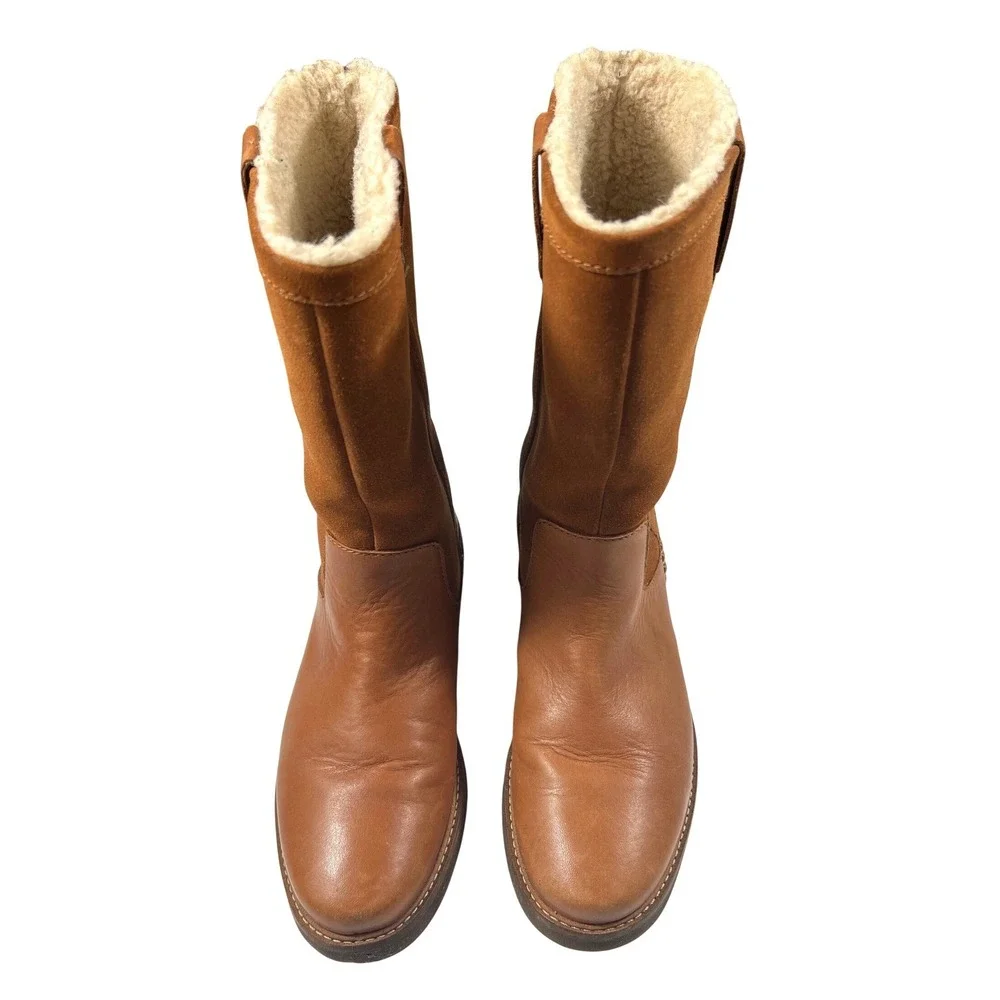 Clarks Glick Elmfield Tan Leather Suede Shearling Lined Mid Calf Boots 8M GUC